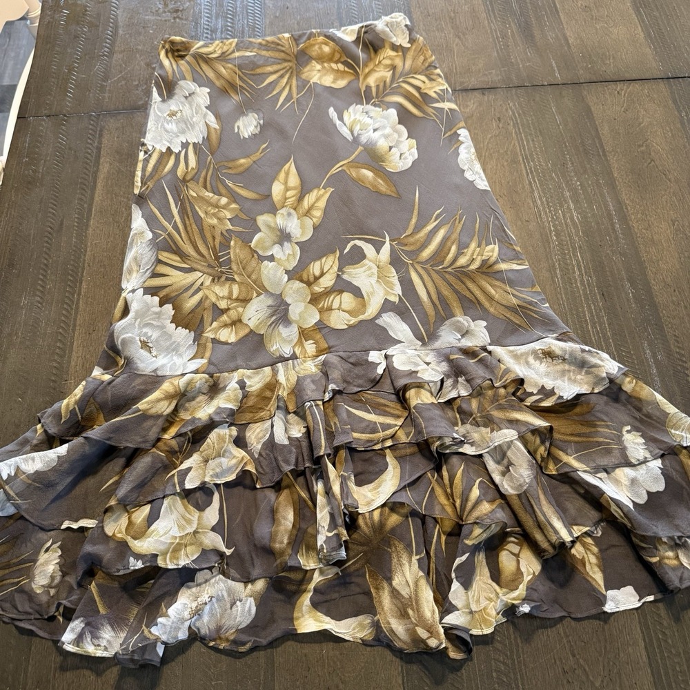 NEW VTG Charter Club 100% Silk Midi Skirt Size 4 Brown Floral Ruffle Tiered Y2K